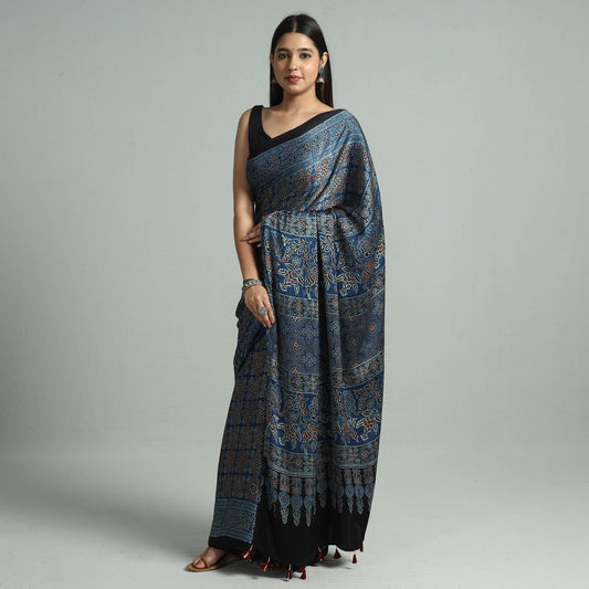 Blue - Ajrakh Block Printed Modal Silk Saree with Tassels 14