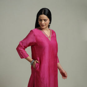 Pink - Plain Handloom Mul Chanderi Silk Hand Embroidered Suit Set with Dupatta for women 02