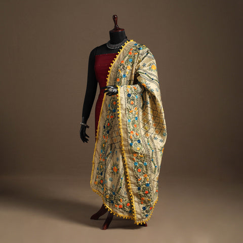 Yellow - chanderi silk hand embroidery phulkari dupatta 05