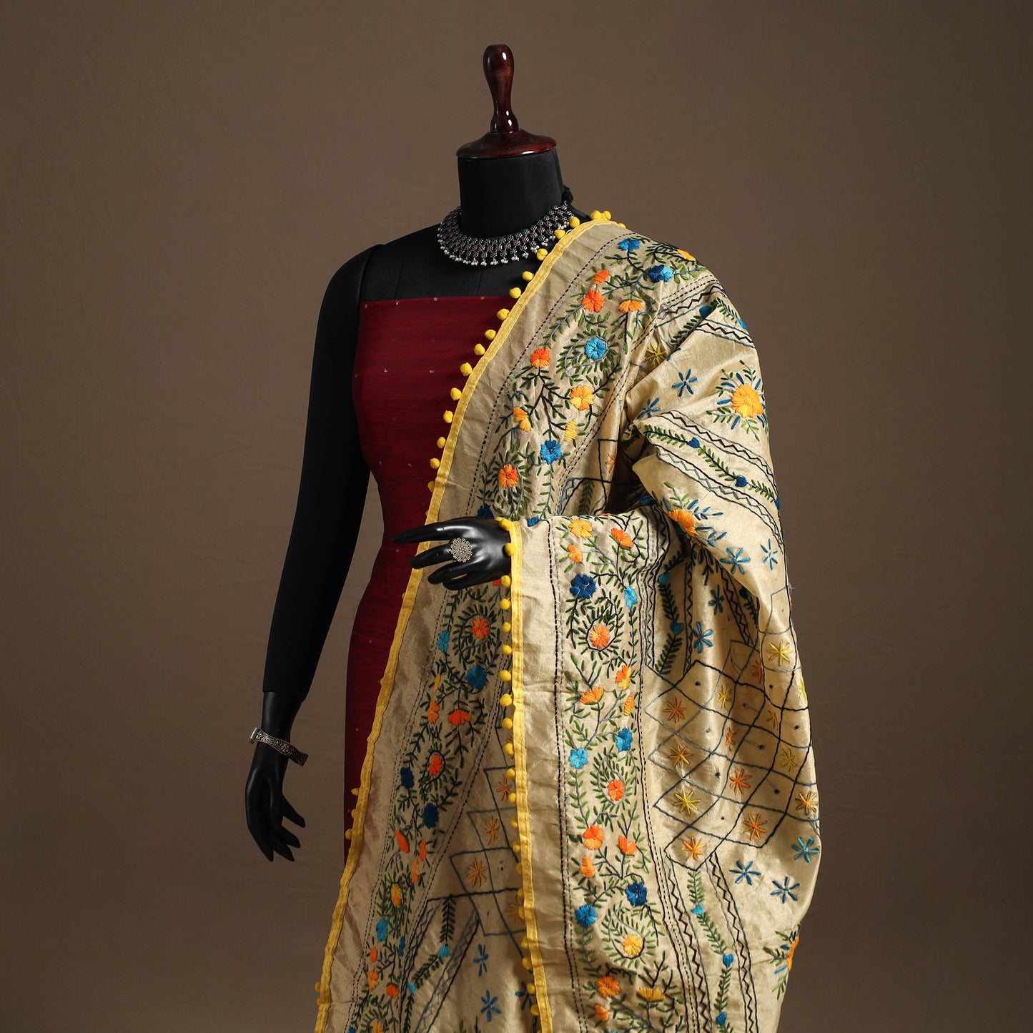 Yellow - chanderi silk hand embroidery phulkari dupatta 05