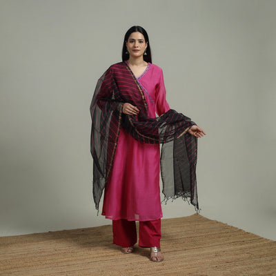 Pink - Plain Handloom Mul Chanderi Silk Hand Embroidered Suit Set with Dupatta for women 03