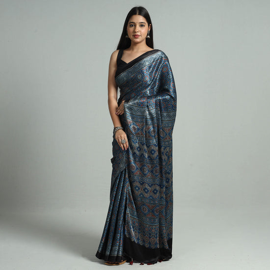 Blue - Ajrakh Block Printed Modal Silk Saree with Tassels 15