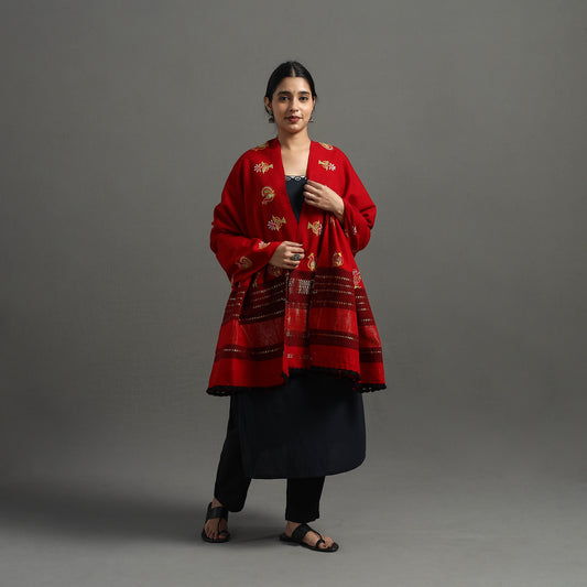 Red - Kutch Ahir Hand Embroidery Woollen Shawl 33