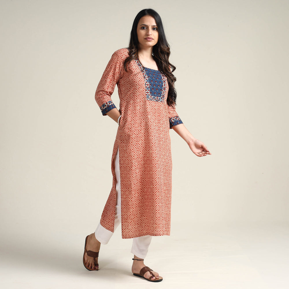 Red - Ajrakh Block Printed Cotton Long Kurta