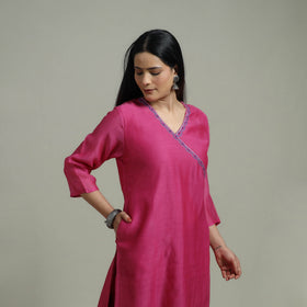 Pink - Plain Handloom Mul Chanderi Silk Hand Embroidered Suit Set with Dupatta for women 03