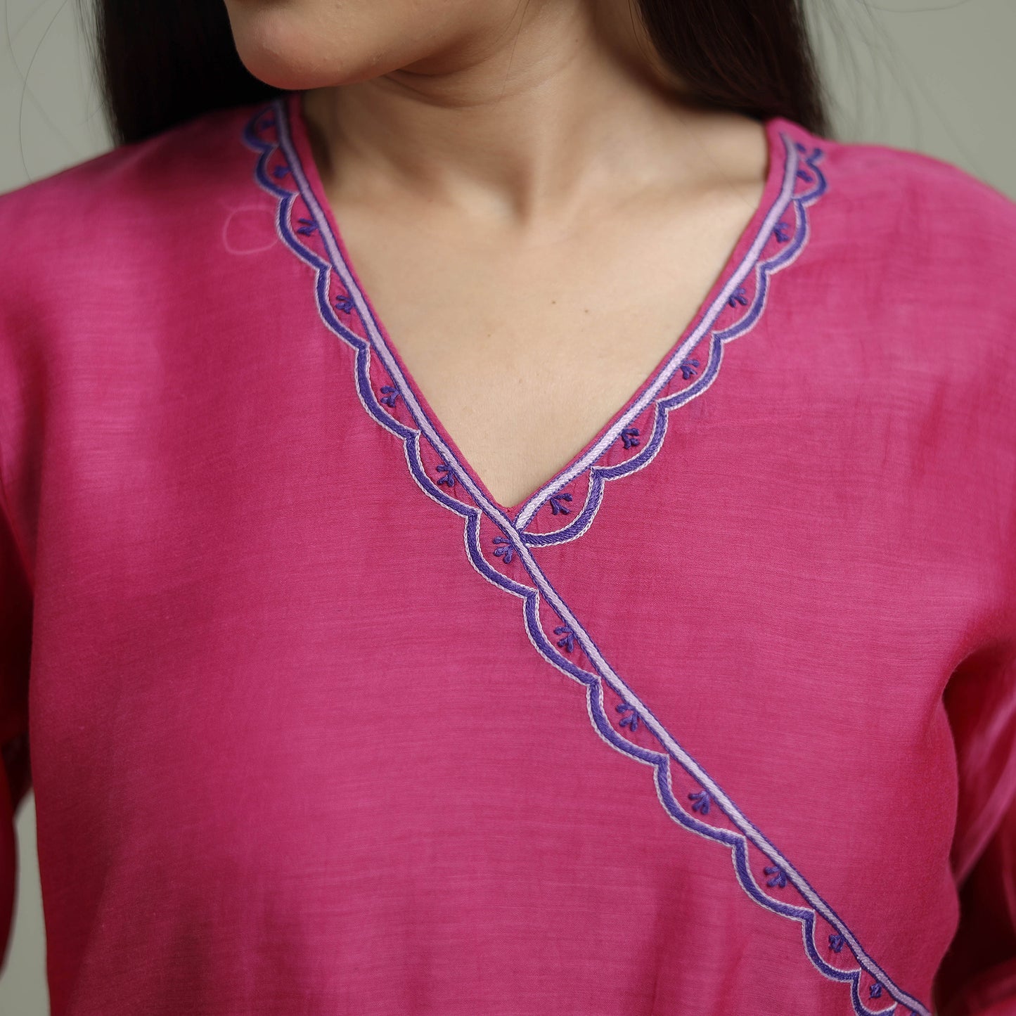 Pink - Plain Handloom Mul Chanderi Silk Hand Embroidered Suit Set with Dupatta for women 03