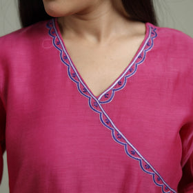 Pink - Plain Handloom Mul Chanderi Silk Hand Embroidered Suit Set with Dupatta for women 03