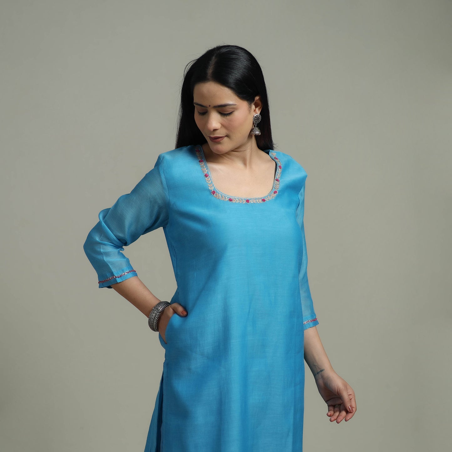 Blue - Plain Handloom Mul Chanderi Silk Hand Embroidered Suit Set with Dupatta for women 10