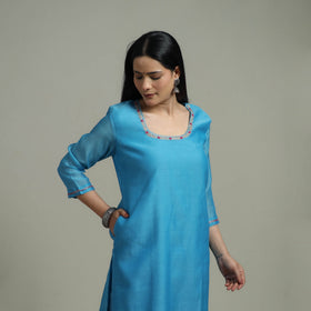 Blue - Plain Handloom Mul Chanderi Silk Hand Embroidered Suit Set with Dupatta for women 10
