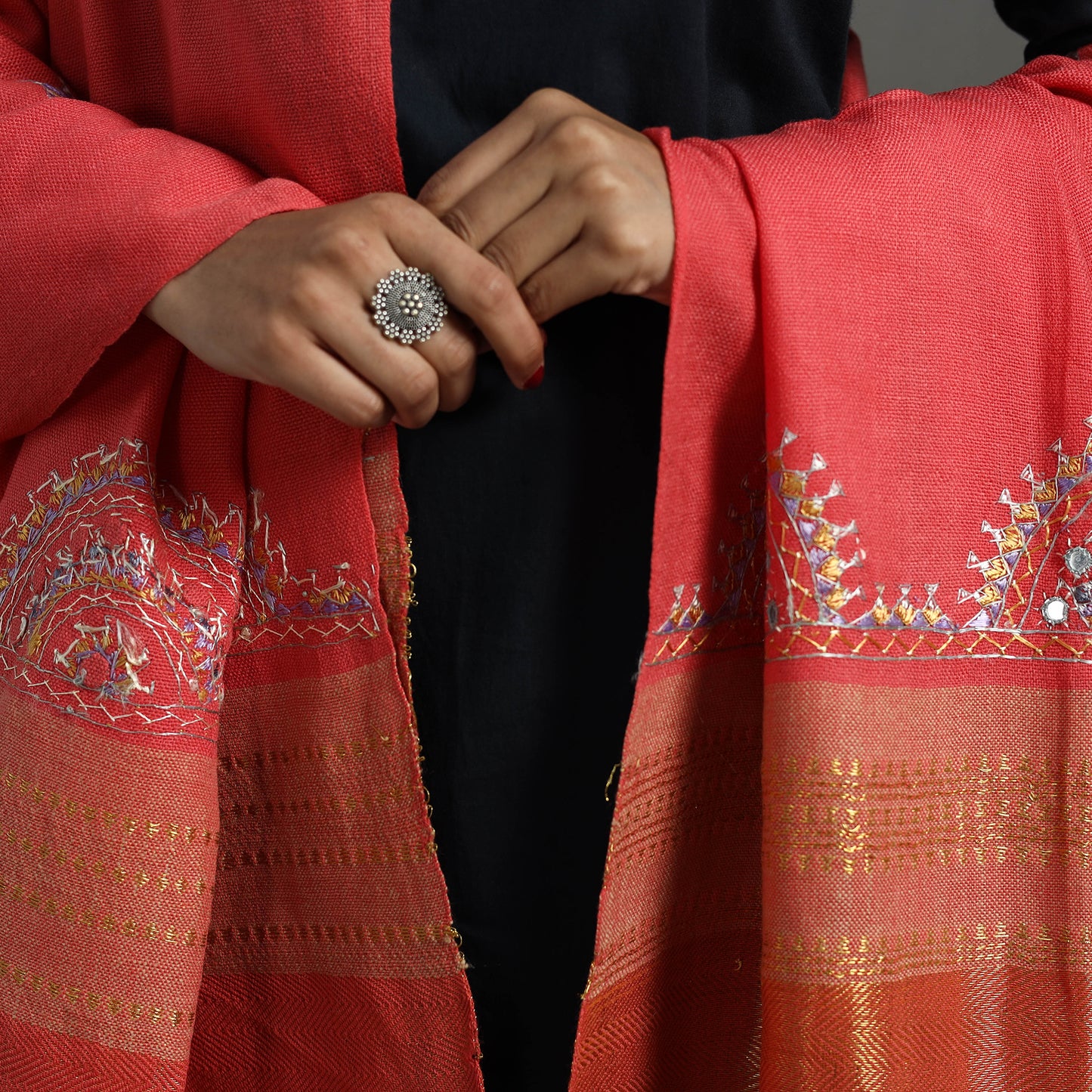 Red - Kutch Neran Hand Embroidery Mirror Work Woollen Shawl 101