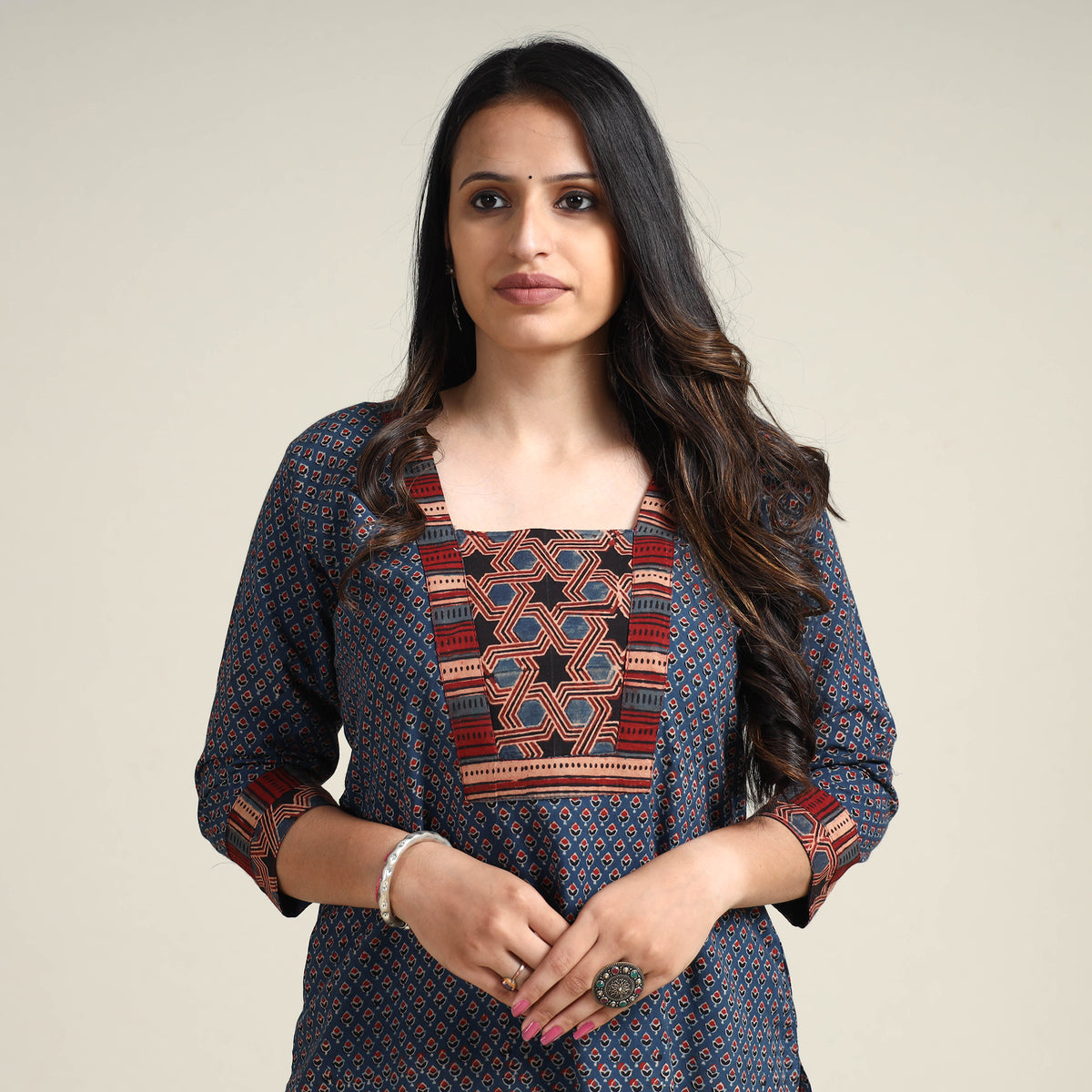 Blue - Ajrakh Block Printed Cotton Long Kurta