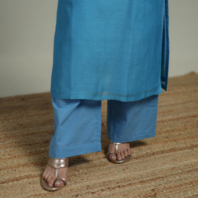 Blue - Plain Handloom Mul Chanderi Silk Hand Embroidered Suit Set with Dupatta for women 10