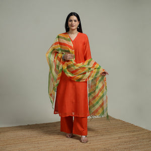 Orange - Plain Handloom Mul Chanderi Silk Hand Embroidered Suit Set with Dupatta for women 09