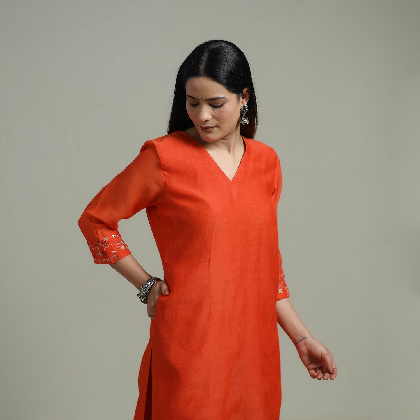 Orange - Plain Handloom Mul Chanderi Silk Hand Embroidered Suit Set with Dupatta for women 09