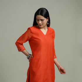 Orange - Plain Handloom Mul Chanderi Silk Hand Embroidered Suit Set with Dupatta for women 09