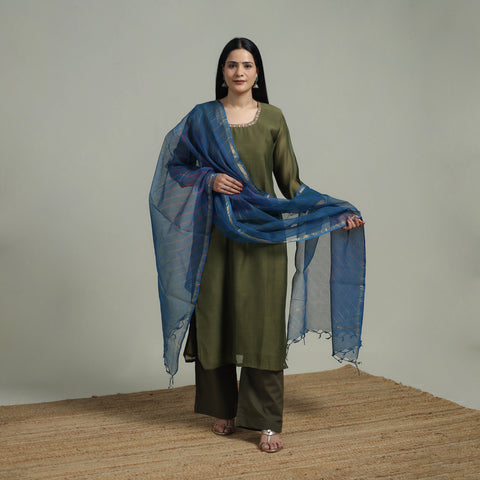 Green - Plain Handloom Mul Chanderi Silk Hand Embroidered Suit Set with Dupatta for women 08