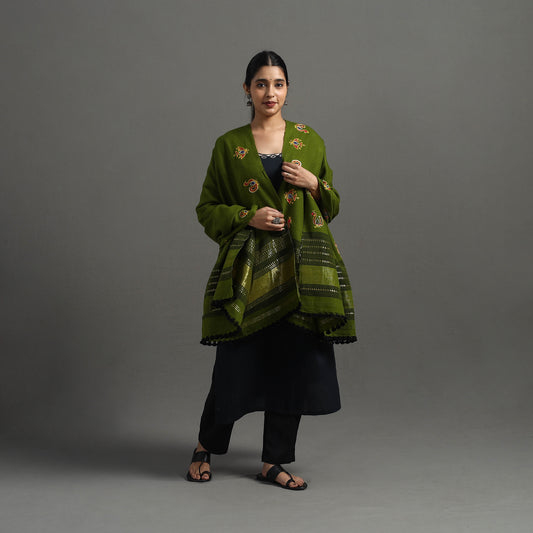 Green - Kutch Ahir Hand Embroidery Woollen Shawl 35