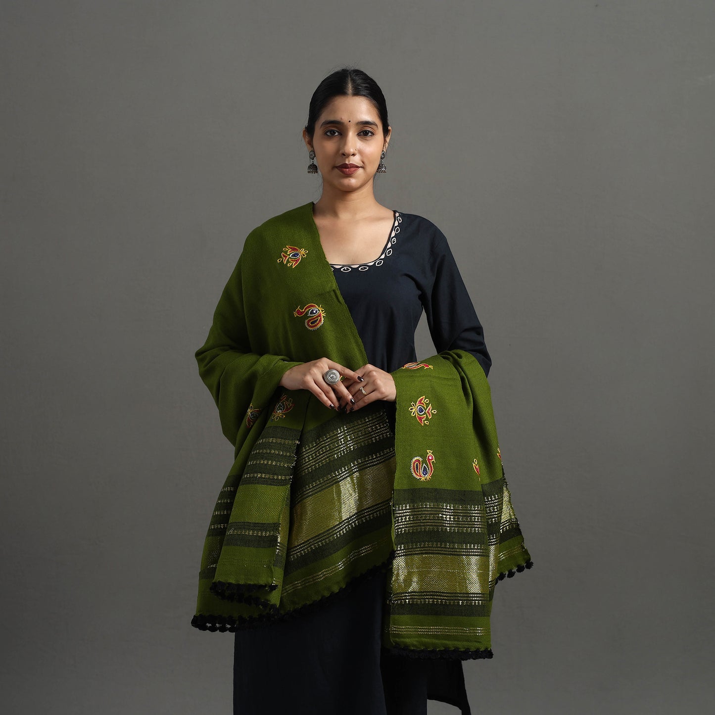 Green - Kutch Ahir Hand Embroidery Woollen Shawl 35