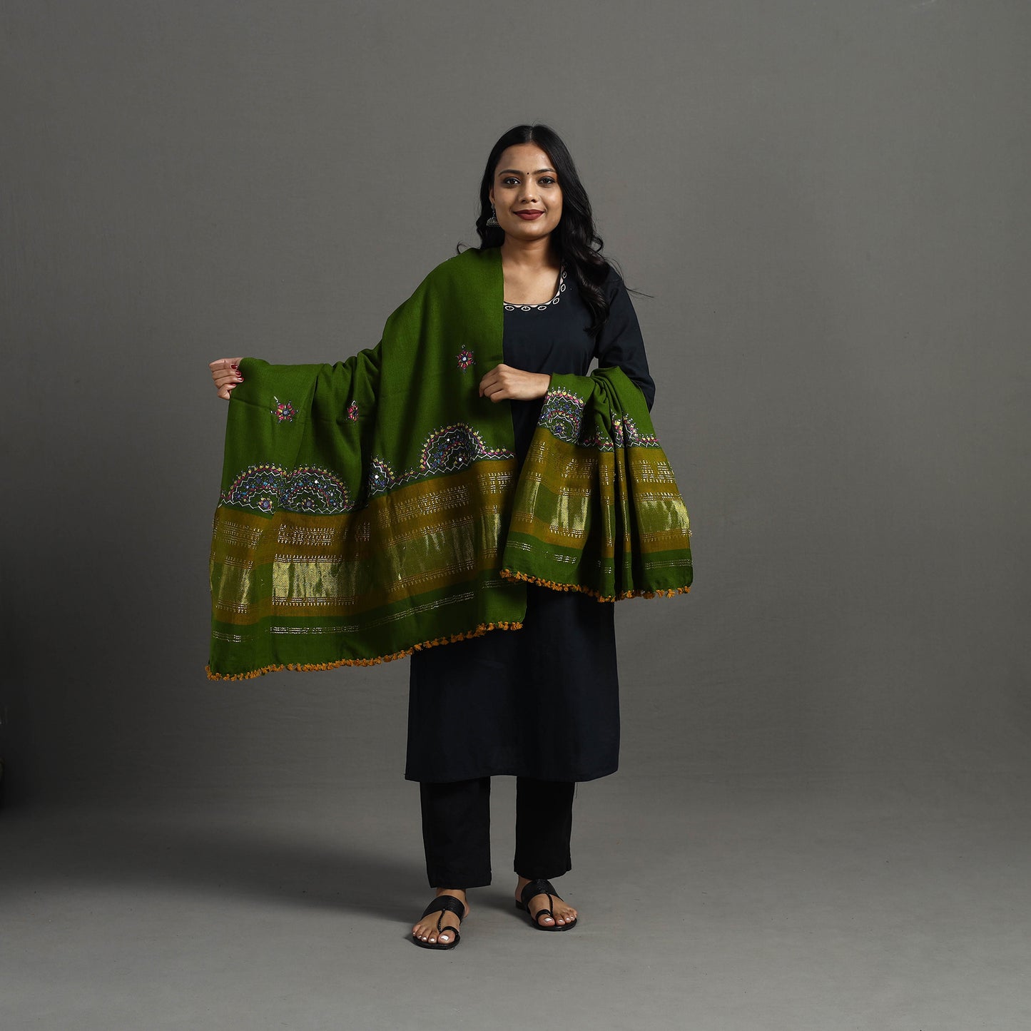 Green - Kutch Neran Hand Embroidery Mirror Work Woollen Shawl 105