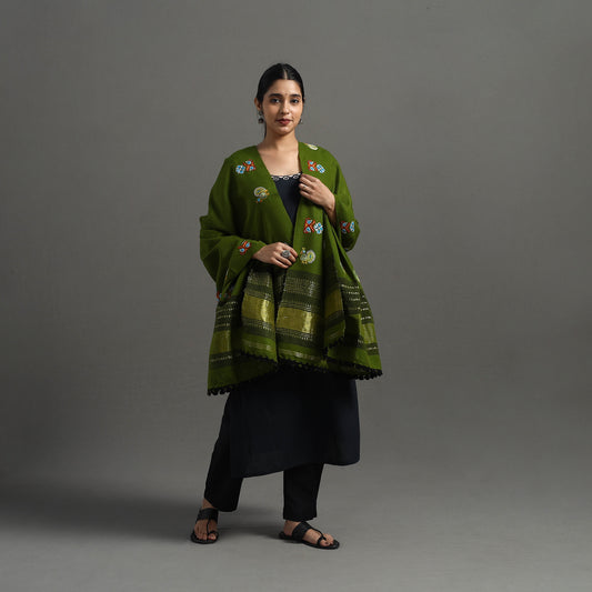 Green - Kutch Ahir Hand Embroidery Woollen Shawl 36