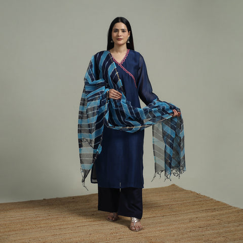 Blue - Plain Handloom Mul Chanderi Silk Hand Embroidered Suit Set with Dupatta for women 07