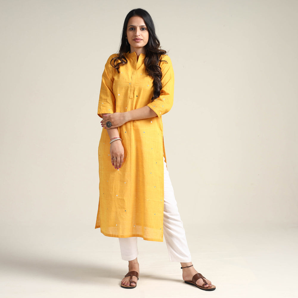 Yellow - Mangalagiri Pure Handloom Cotton Mirror Work Long Kurta