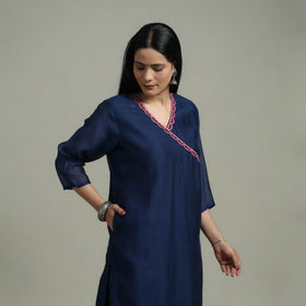 Blue - Plain Handloom Mul Chanderi Silk Hand Embroidered Suit Set with Dupatta for women 07