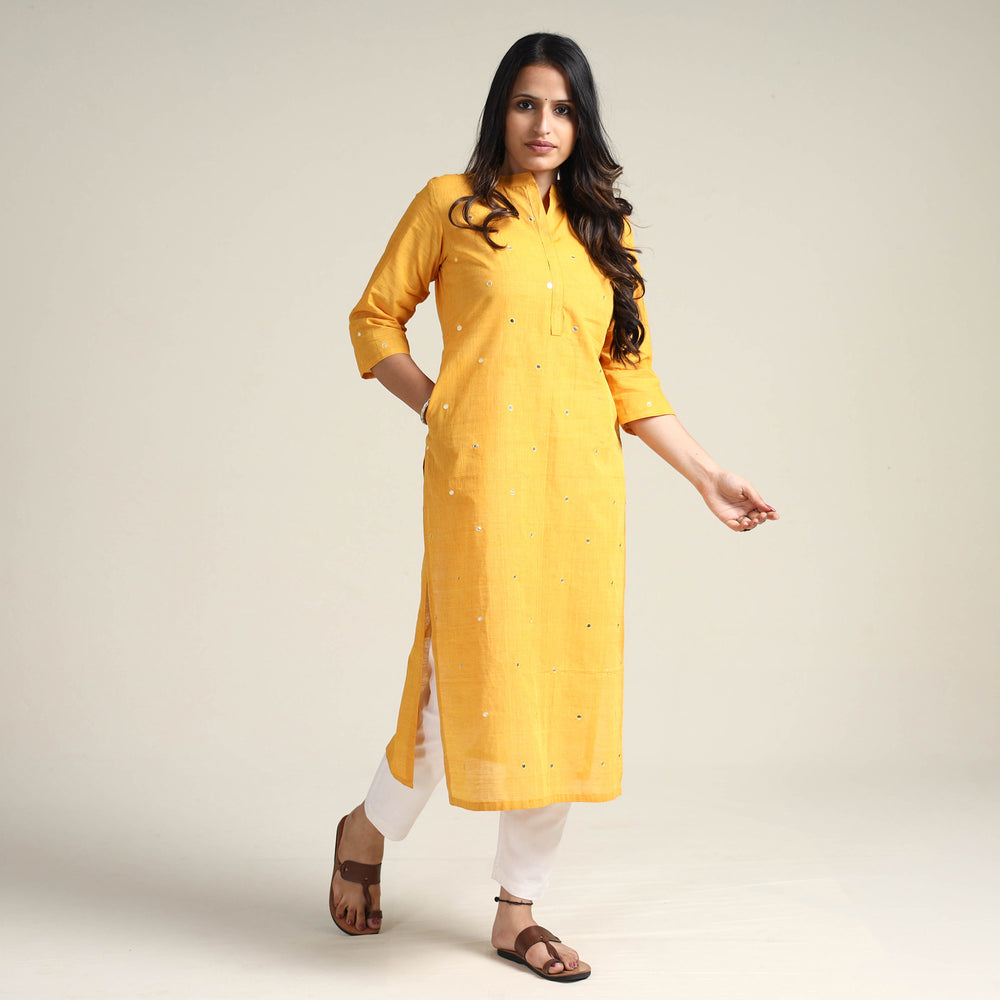 Yellow - Mangalagiri Pure Handloom Cotton Mirror Work Long Kurta