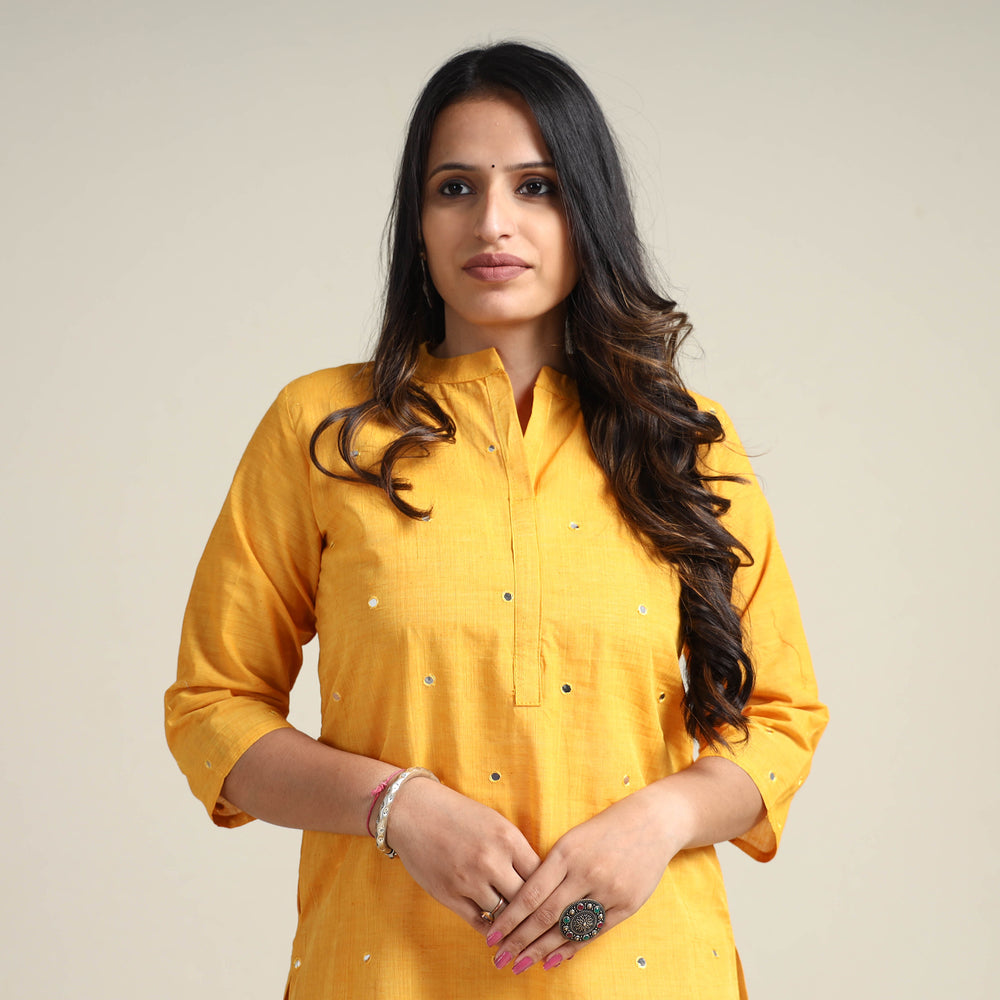 Yellow - Mangalagiri Pure Handloom Cotton Mirror Work Long Kurta