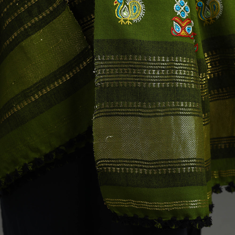 Green - Kutch Ahir Hand Embroidery Woollen Shawl 36