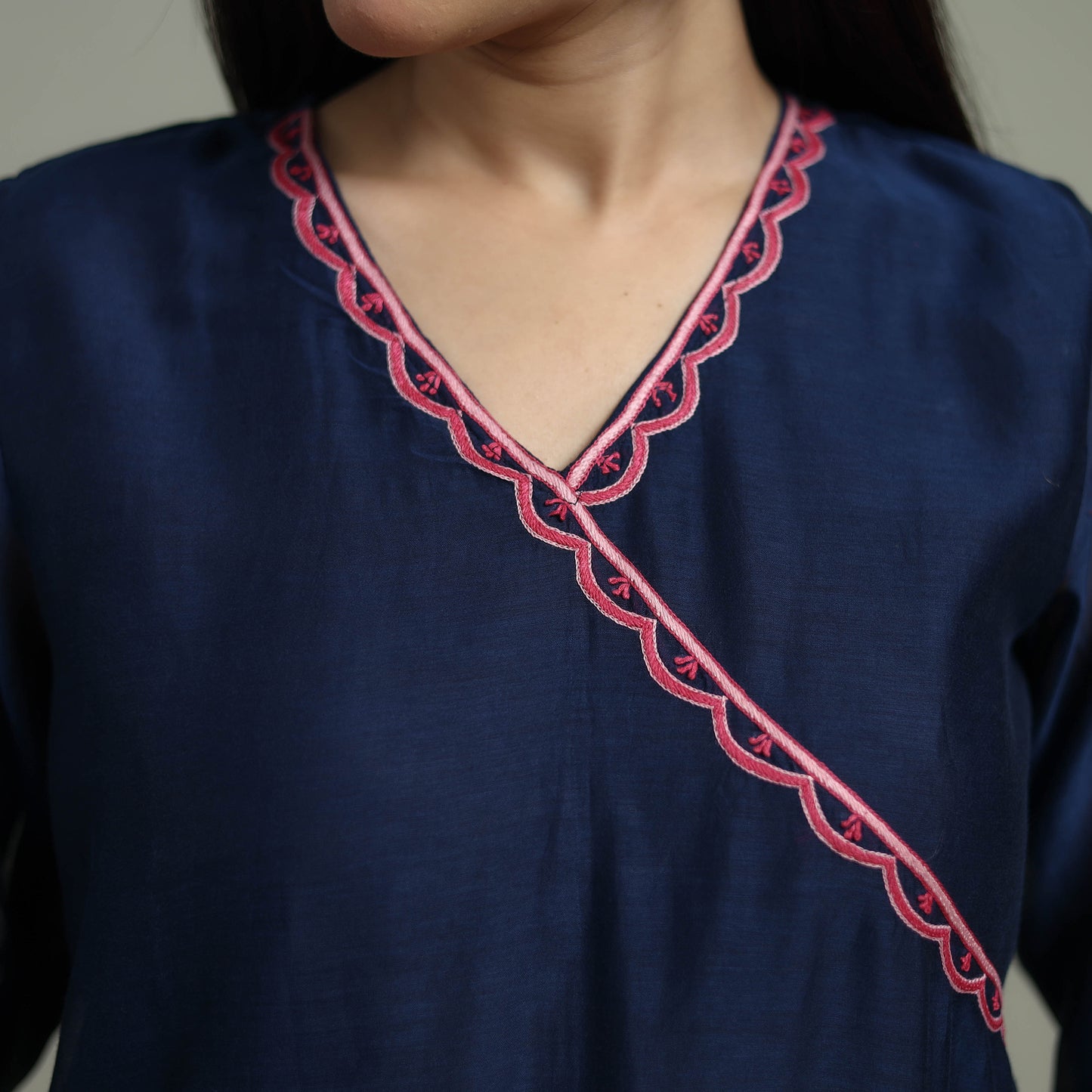 Blue - Plain Handloom Mul Chanderi Silk Hand Embroidered Suit Set with Dupatta for women 07