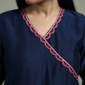 Blue - Plain Handloom Mul Chanderi Silk Hand Embroidered Suit Set with Dupatta for women 07