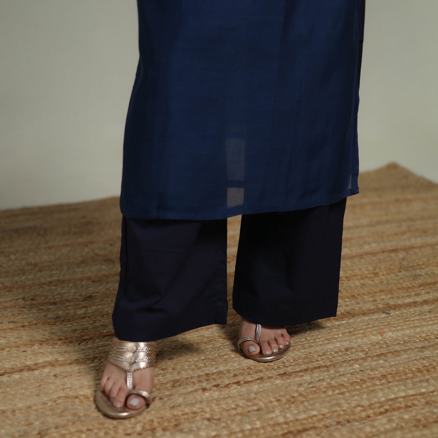 Blue - Plain Handloom Mul Chanderi Silk Hand Embroidered Suit Set with Dupatta for women 07