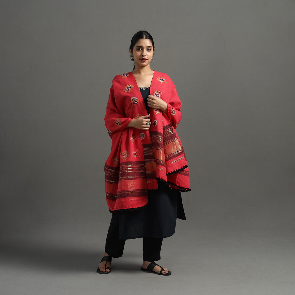 Red - Kutch Ahir Hand Embroidery Woollen Shawl 37