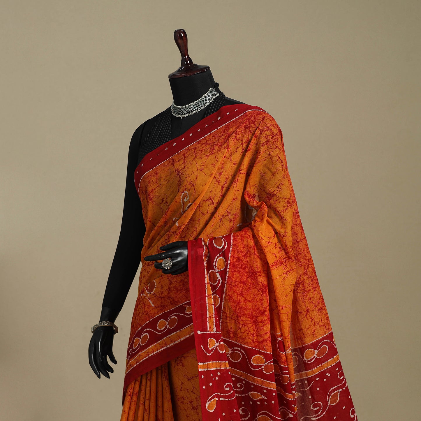 Orange - mul cotton figure work hand batik saree 01