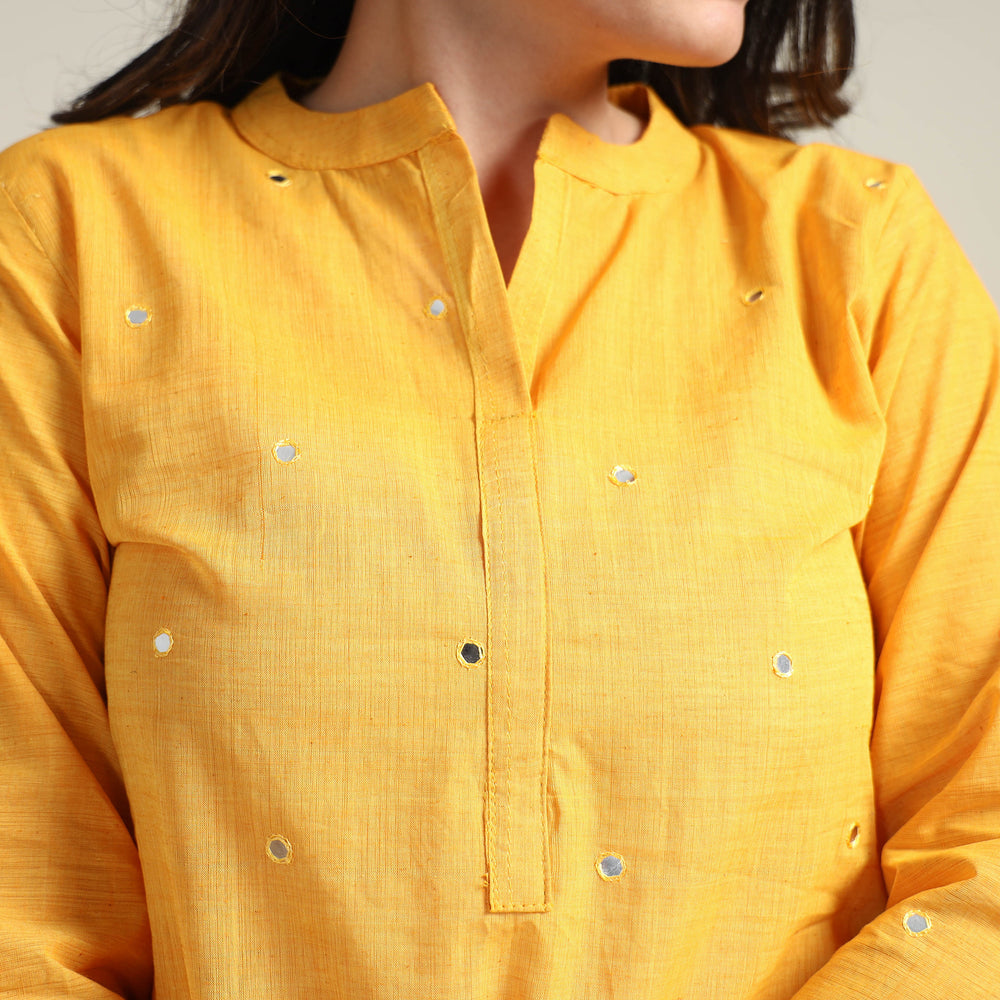 Yellow - Mangalagiri Pure Handloom Cotton Mirror Work Long Kurta