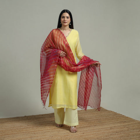 Yellow - Plain Handloom Mul Chanderi Silk Hand Embroidered Suit Set with Dupatta for women 06