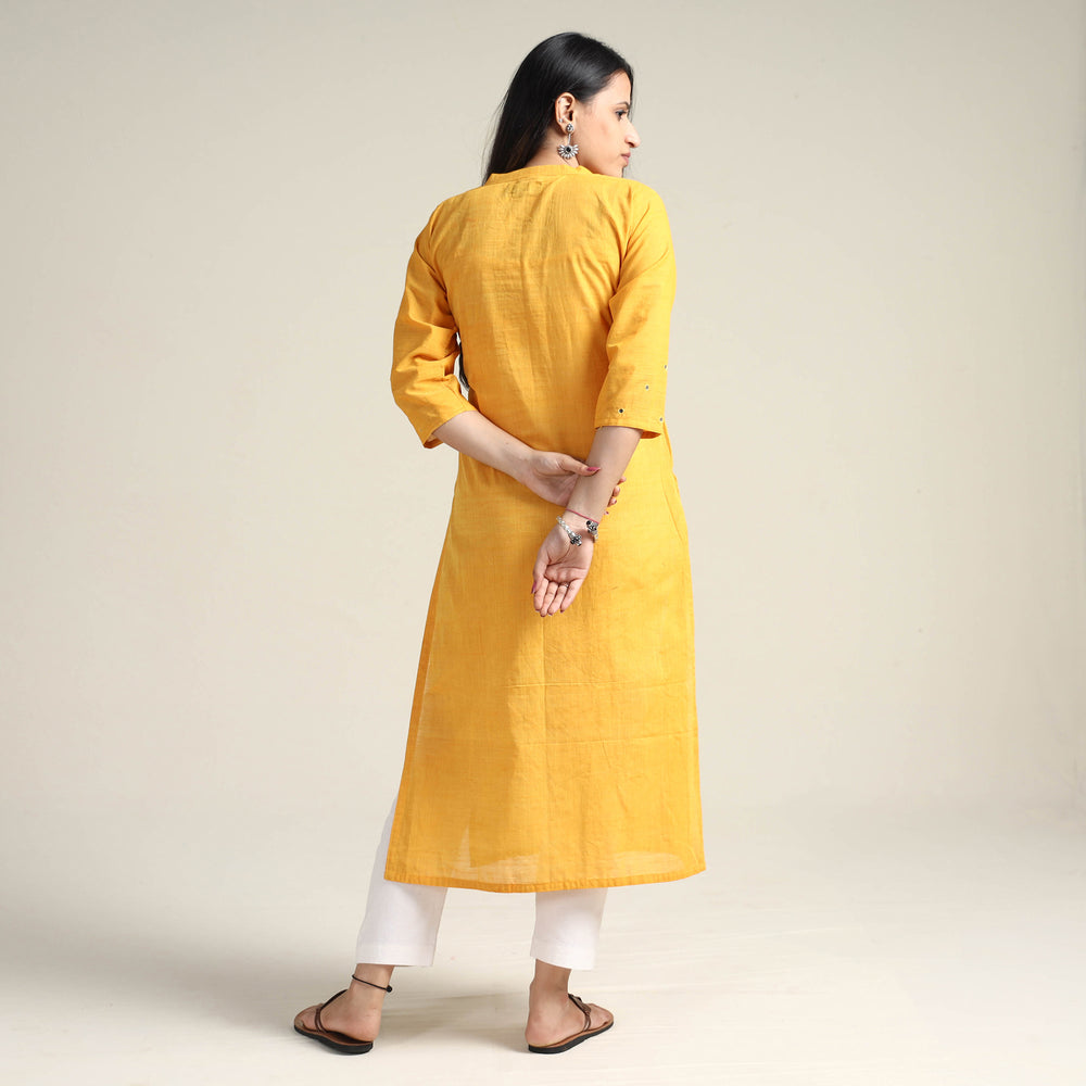 Yellow - Mangalagiri Pure Handloom Cotton Mirror Work Long Kurta