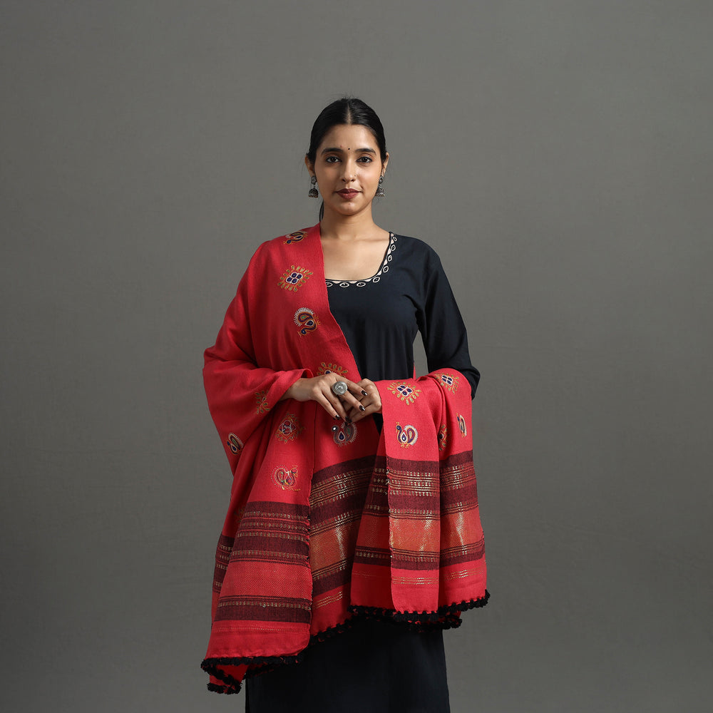 Red - Kutch Ahir Hand Embroidery Woollen Shawl 37