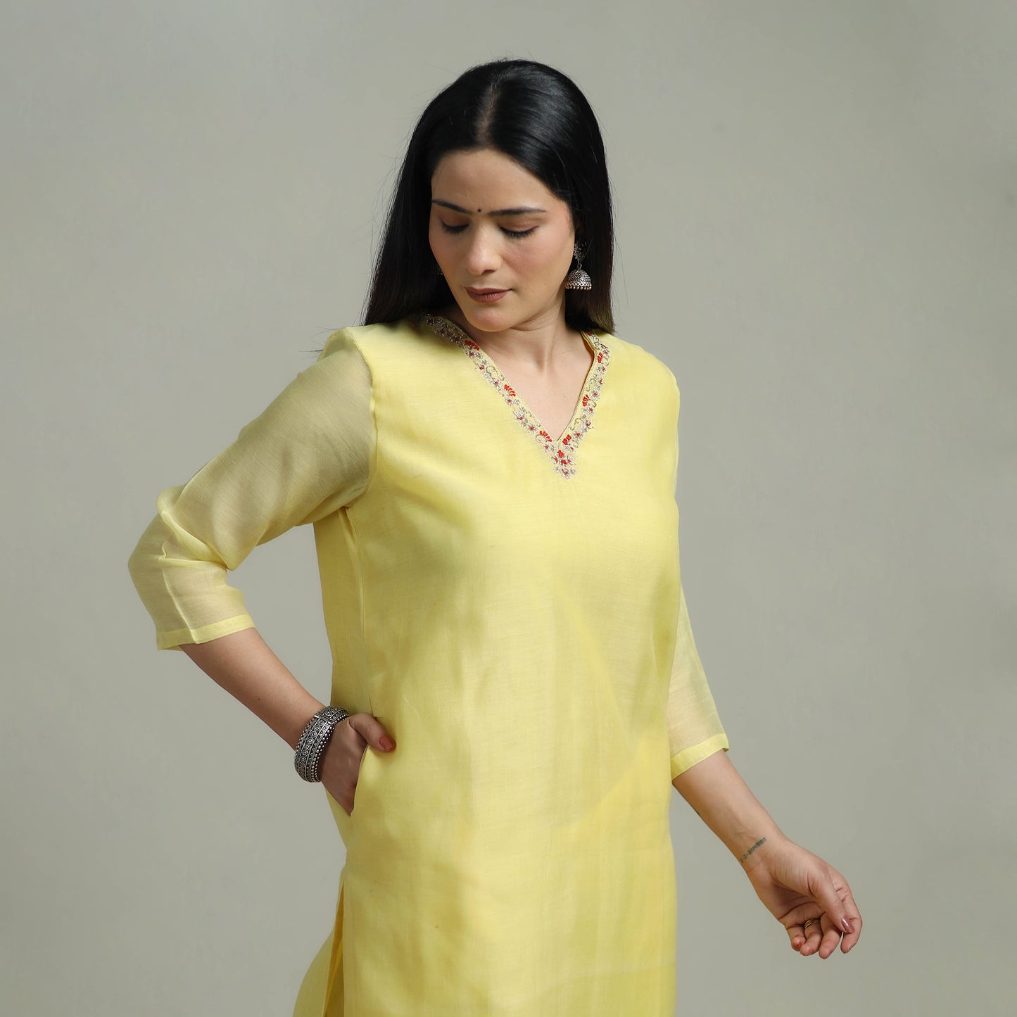 Yellow - Plain Handloom Mul Chanderi Silk Hand Embroidered Suit Set with Dupatta for women 06