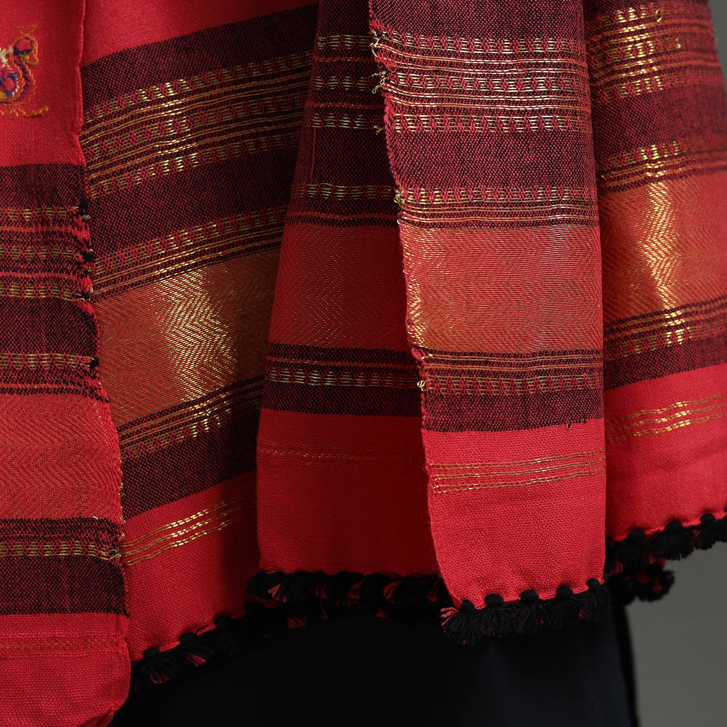 Red - Kutch Ahir Hand Embroidery Woollen Shawl 37