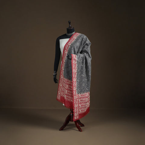 Black - tussar silk handloom bolpur kantha hand embroidered dupatta