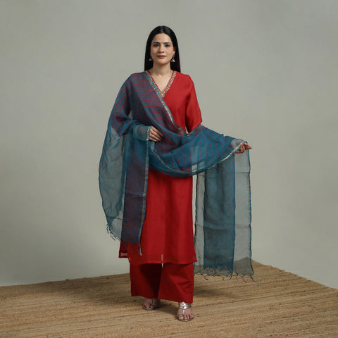 Red - Plain Handloom Mul Chanderi Silk Hand Embroidered Suit Set with Dupatta for women 05