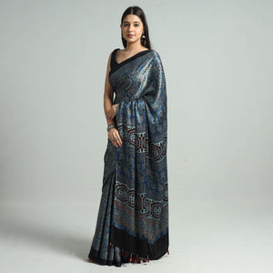 Ajrakh Block Printed Modal Silk Saree with Tassels 16
