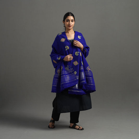 Blue - Kutch Ahir Hand Embroidery Woollen Shawl 41