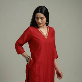 Red - Plain Handloom Mul Chanderi Silk Hand Embroidered Suit Set with Dupatta for women 05