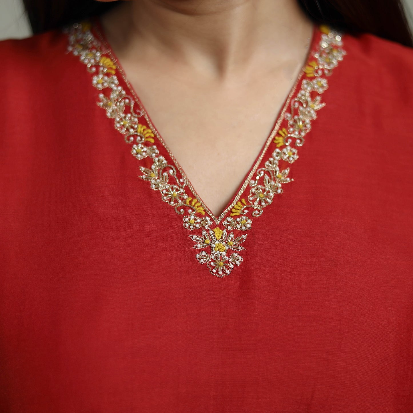 Red - Plain Handloom Mul Chanderi Silk Hand Embroidered Suit Set with Dupatta for women 05