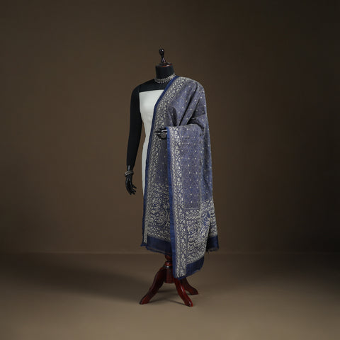 Blue - tussar silk handloom bolpur kantha hand embroidered dupatta
