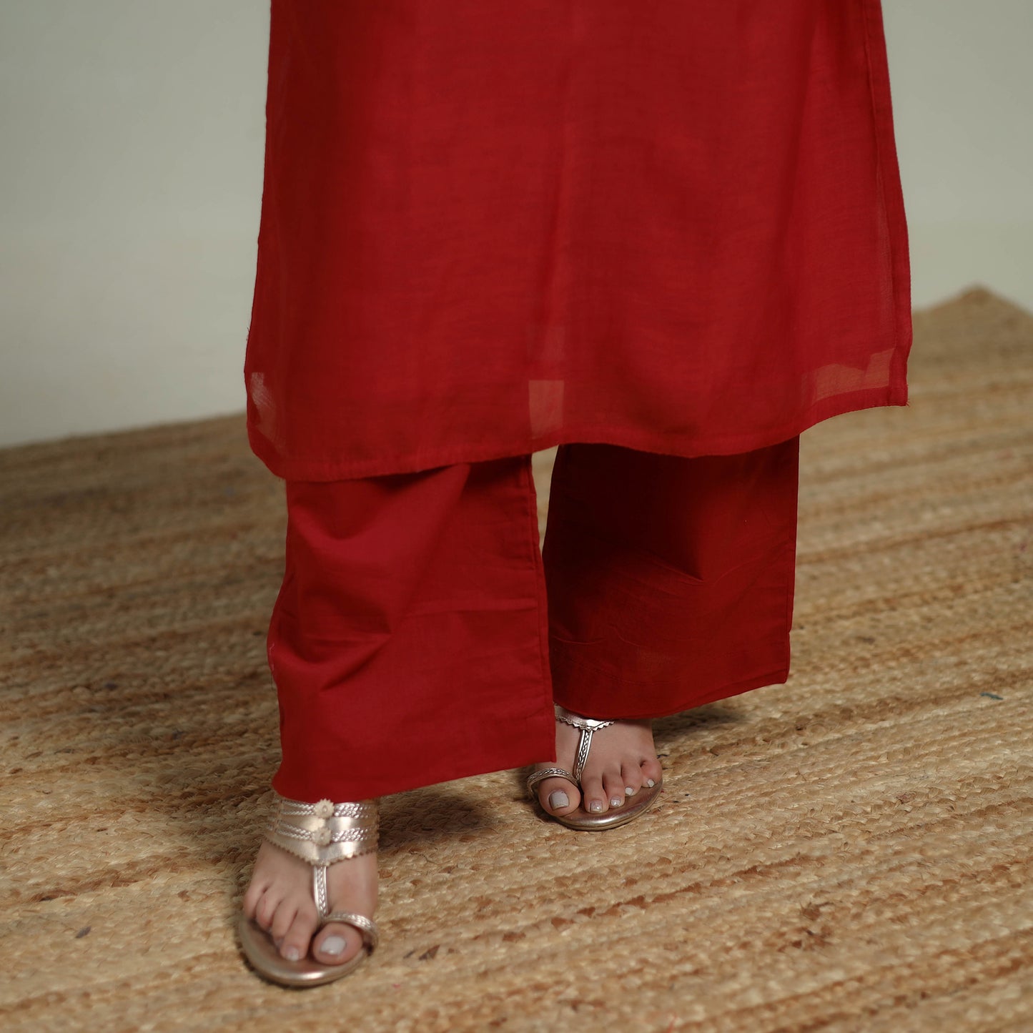Red - Plain Handloom Mul Chanderi Silk Hand Embroidered Suit Set with Dupatta for women 05