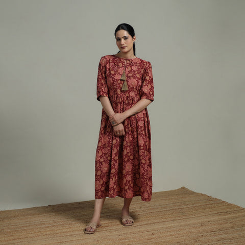 Red - Sanganeri Hand Block Print Pure Cotton Flared Dress 02